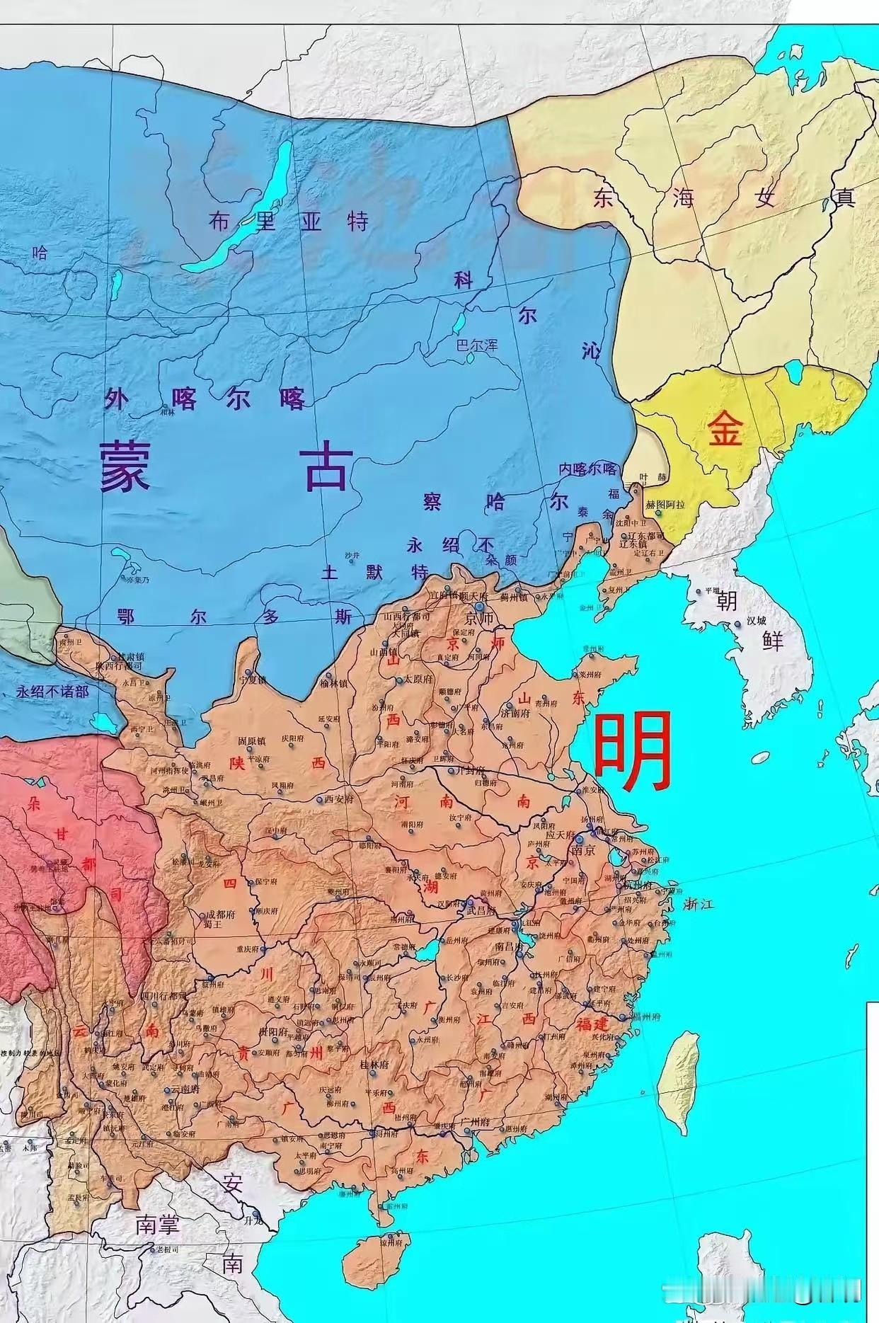 明朝后期疆域图，清楚看出不足如今的一半。连当时的吐司都控制不了，这种状态下日本侵