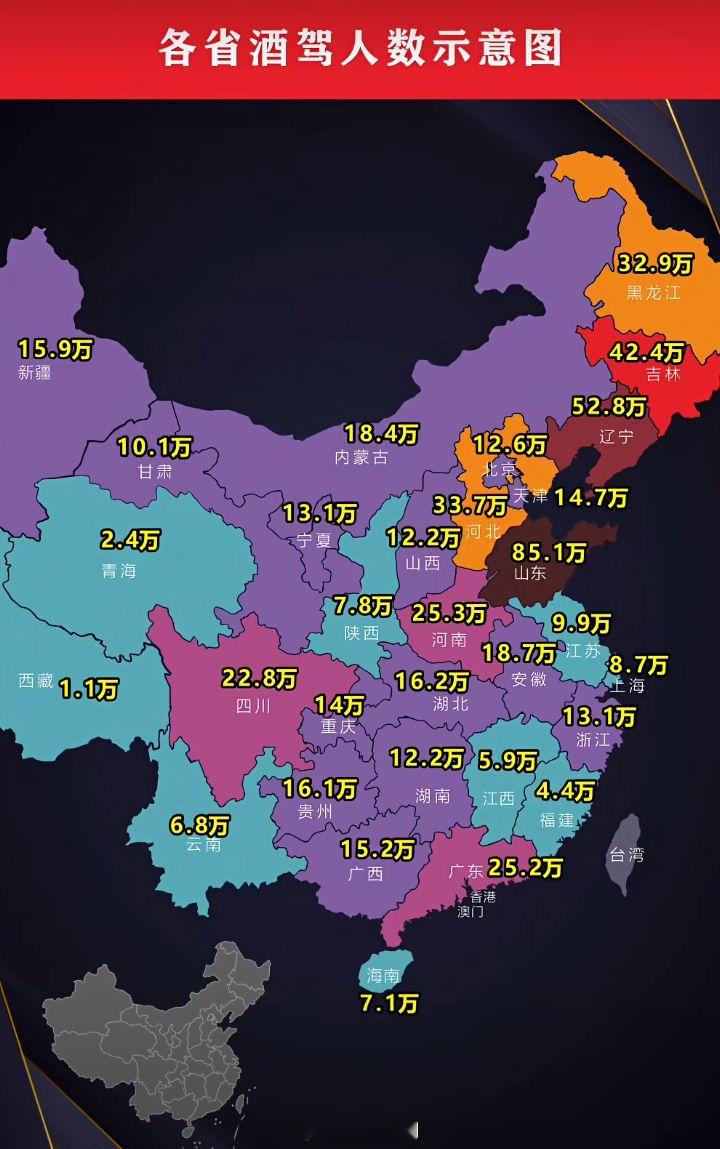各地酒驾人数，山东遥遥领先。
