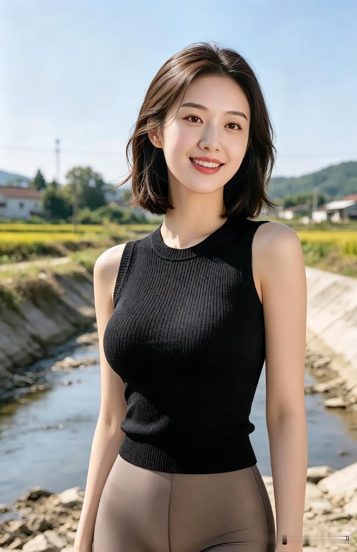 溪畔微风轻拂，黑色针织背心搭配瑜伽裤，简约运动风勾勒健康身形，尽显自然阳光的活力