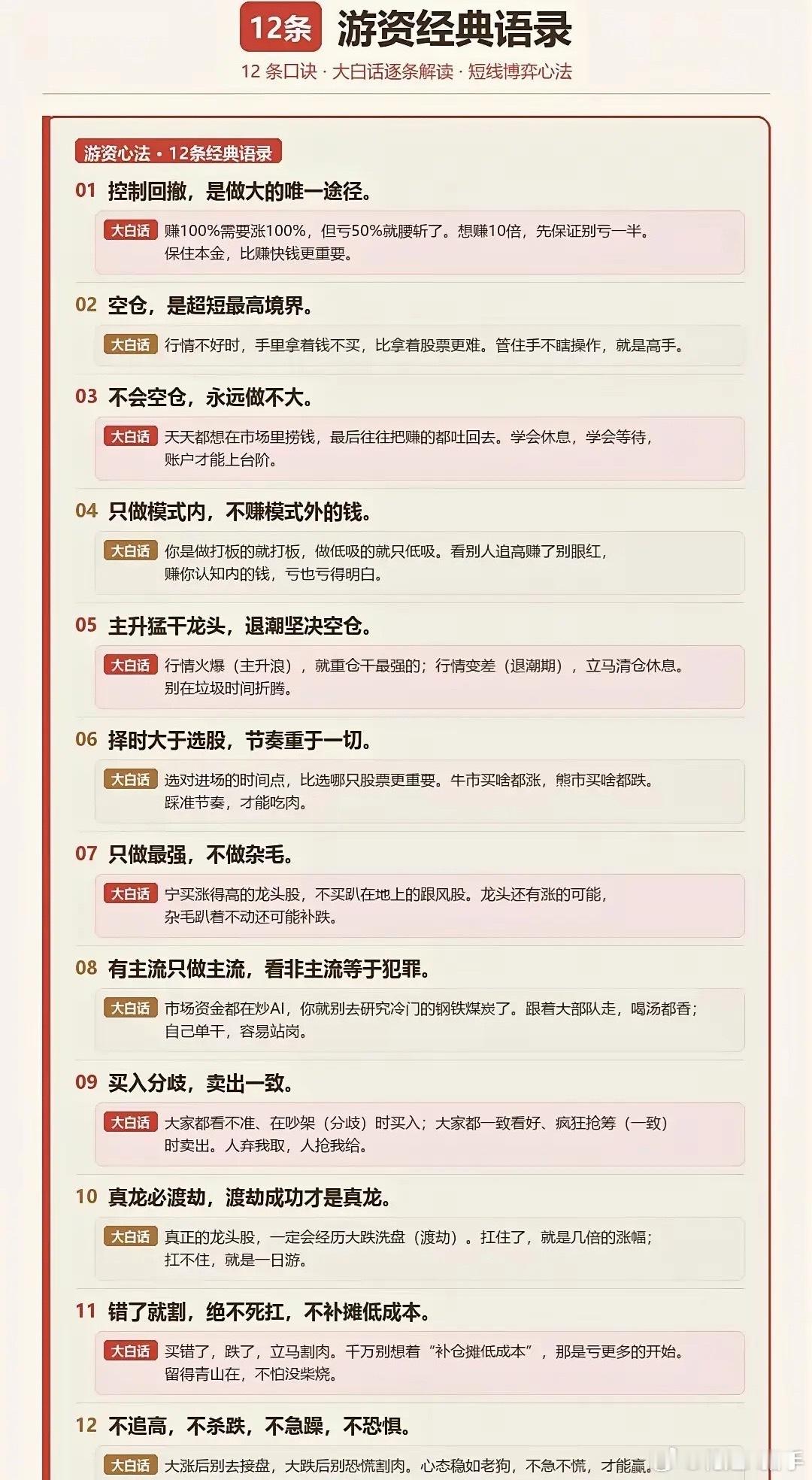 这份内容整理了12条短线游资交易心得，每一条都搭配通俗解读，围绕仓位管理、买卖节