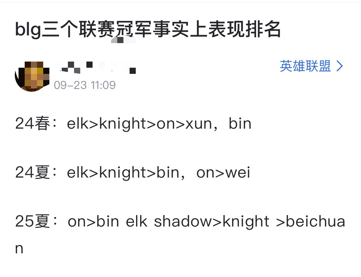 网友分析BLG三个联赛冠军队内表现排名[思考]24春：Elk＞Knight＞On
