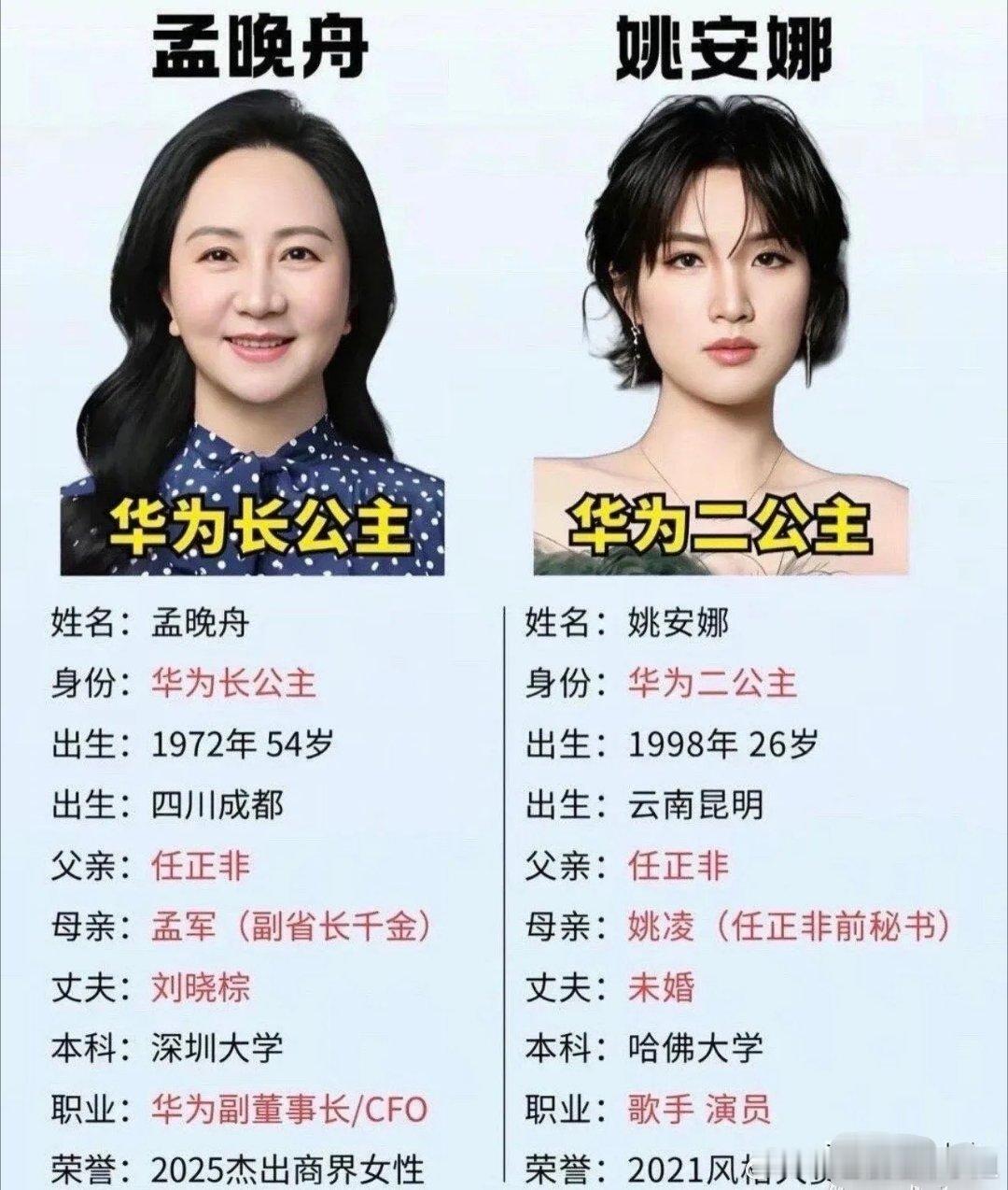任正非两个女儿随母姓，是两段婚姻带来的家庭情况，两人成长道路完全不一样，但都在各自领域走出自己的人生