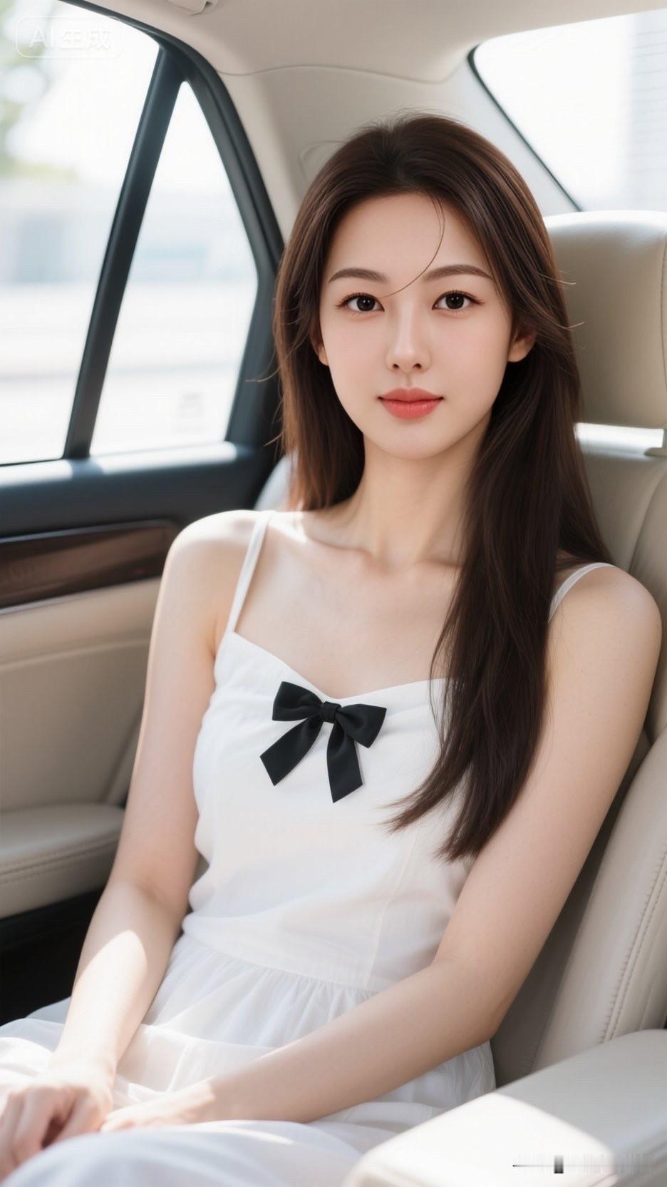 优雅白裙少女，车中甜美自拍💖
