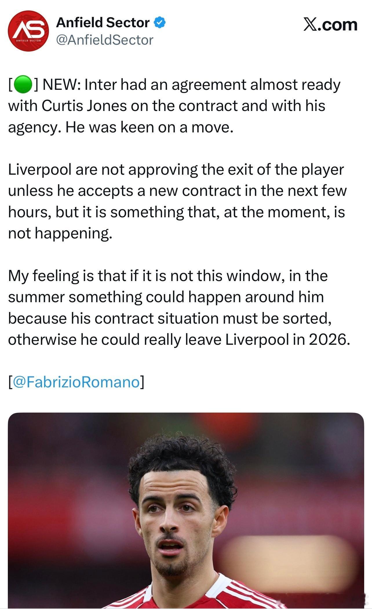 罗马诺说国米已经差不多和琼斯的经纪人谈妥个人合同了，球员本人也想转会。利物浦则是