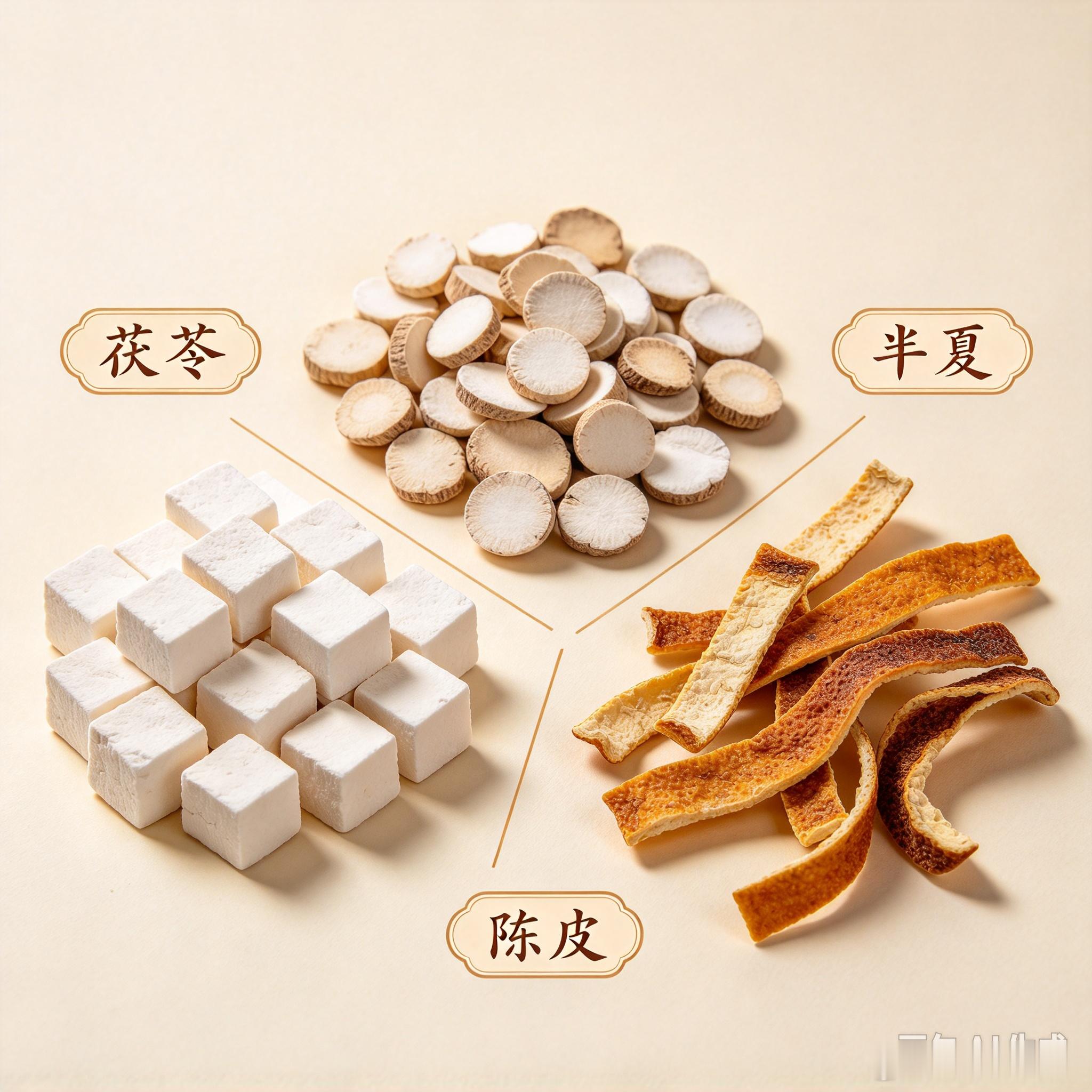 治痰三药：半夏、陈皮、茯苓湿再往下拖，久了不化，就凝成了痰。老话讲"怪病多痰""百病多由痰作祟"，很