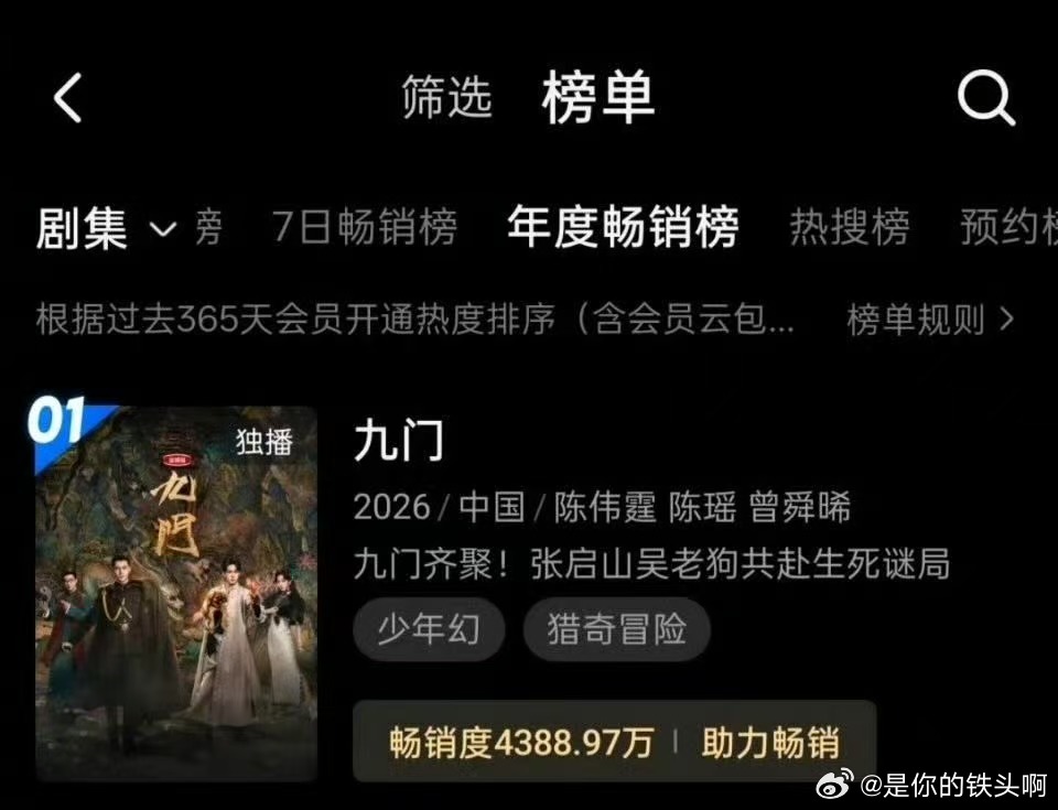 九门我的评分：九门登顶优酷站内拉新年榜九门恭喜九门拿下👖拉新年榜第一！剧情节