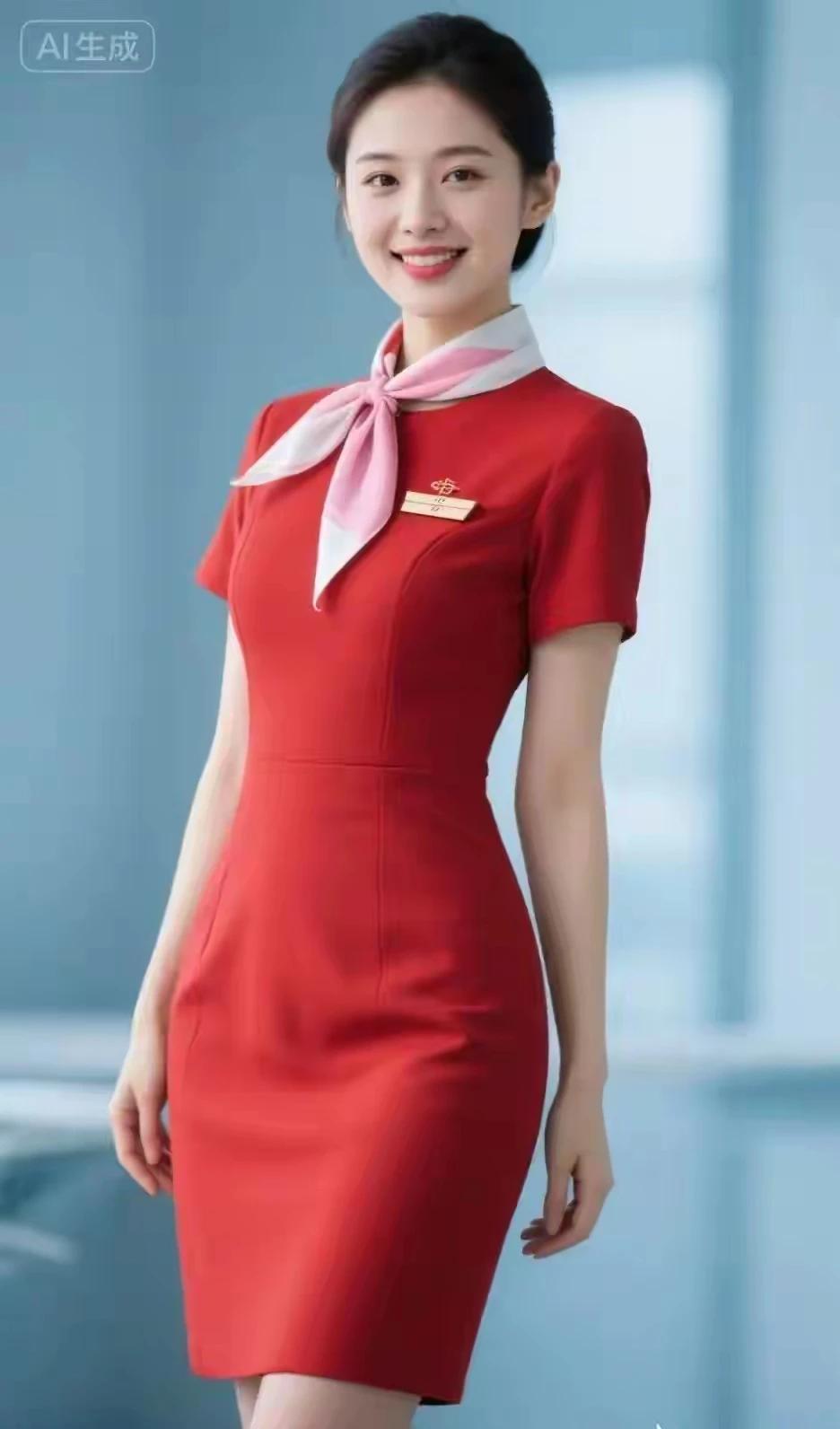 中国空姐，气质优雅。红色裙装，美艳如花。冰肌玉骨，明眸皓齿，天生丽质，国色
