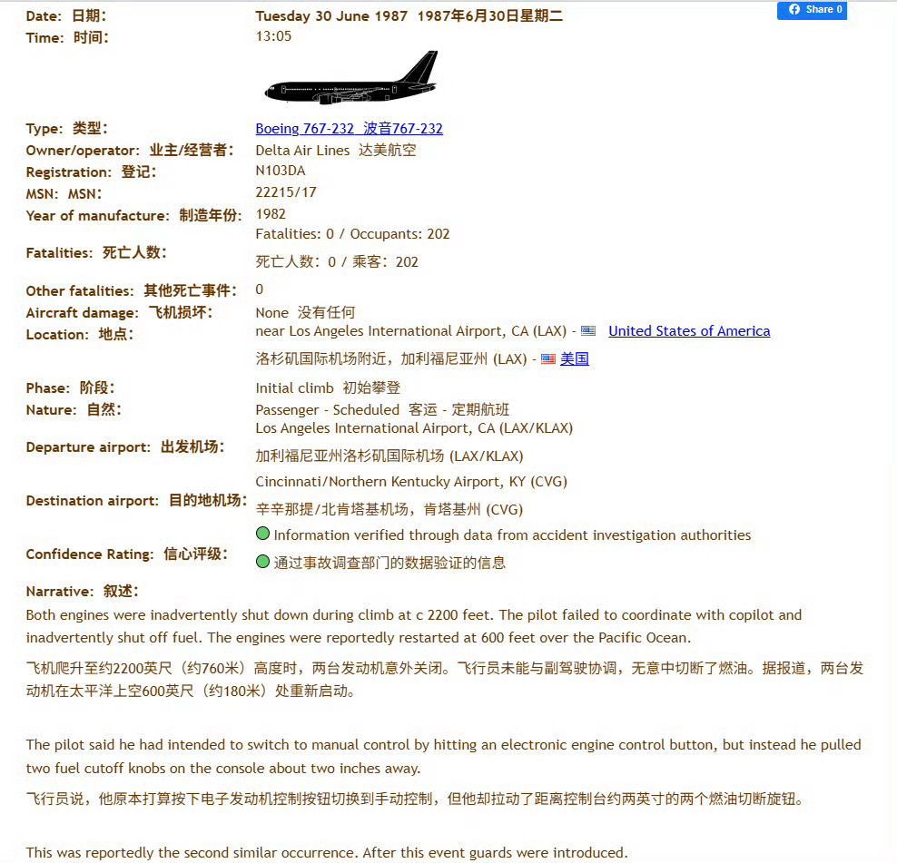 🔻说不可能意外关闭燃油开关的其实不对。🔻现实中啥都有可能发生，1987年6月