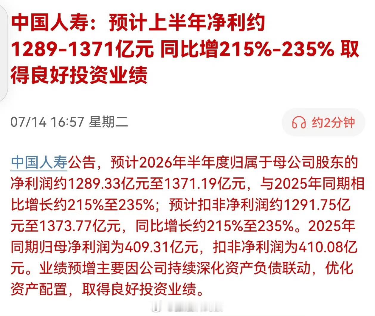 中国人寿：预计上半年净利约1289-1371亿元，同比增215%-235%，取得