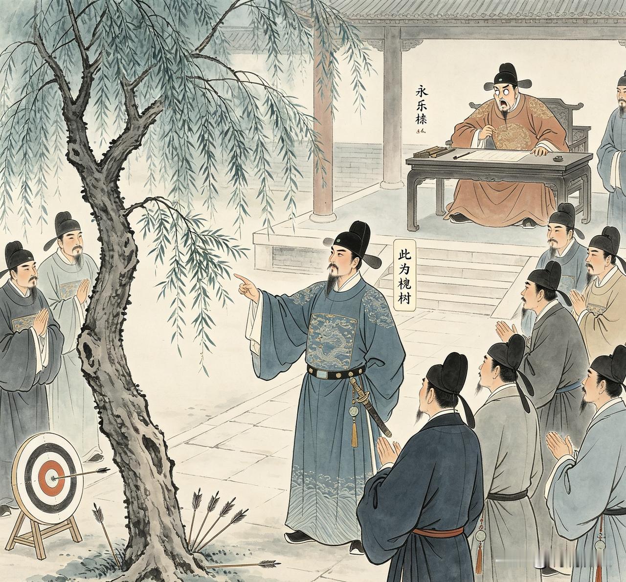 永乐14年，朝廷举办射箭比赛时，锦衣卫指挥使纪纲故意指着一棵柳树称其为槐树，不少