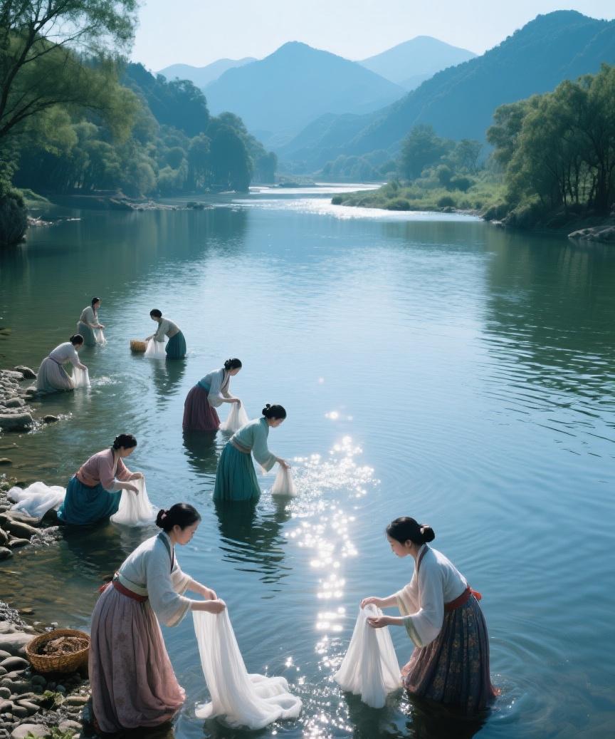 #AI妙生图#河畔洗衣，时光缓缓流淌，山水相映，于平淡处见生活诗意，静谧中寻内