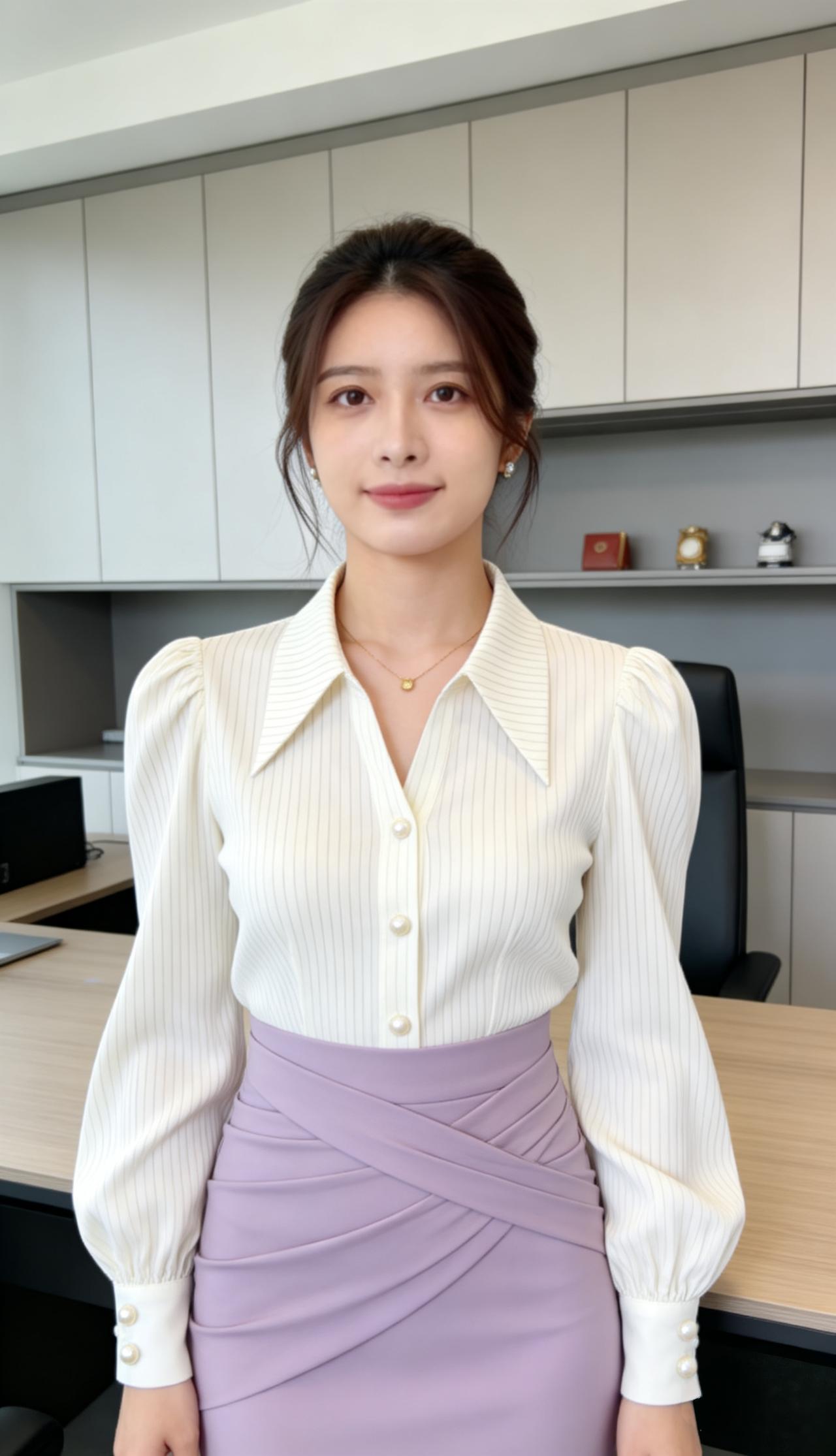 米白色细竖条纹尖领衬衫，香芋紫高腰包臀半身裙，交叉褶皱设计，优雅又显气质。