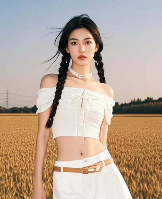 她站在麦田中央，像一枚被阳光吻过的琥珀。