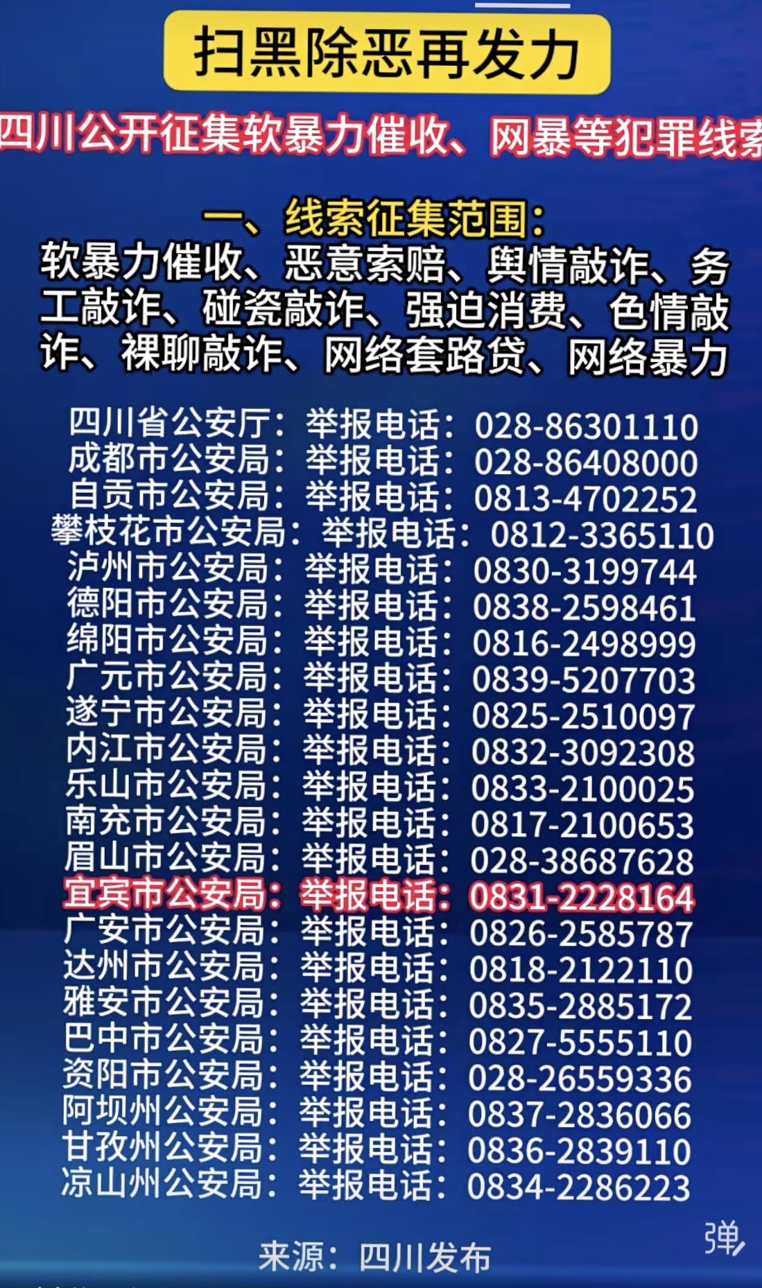 扫黑除恶再发力、向四川学习、重庆催收最多了、咋没看到重庆的举报电话哪？