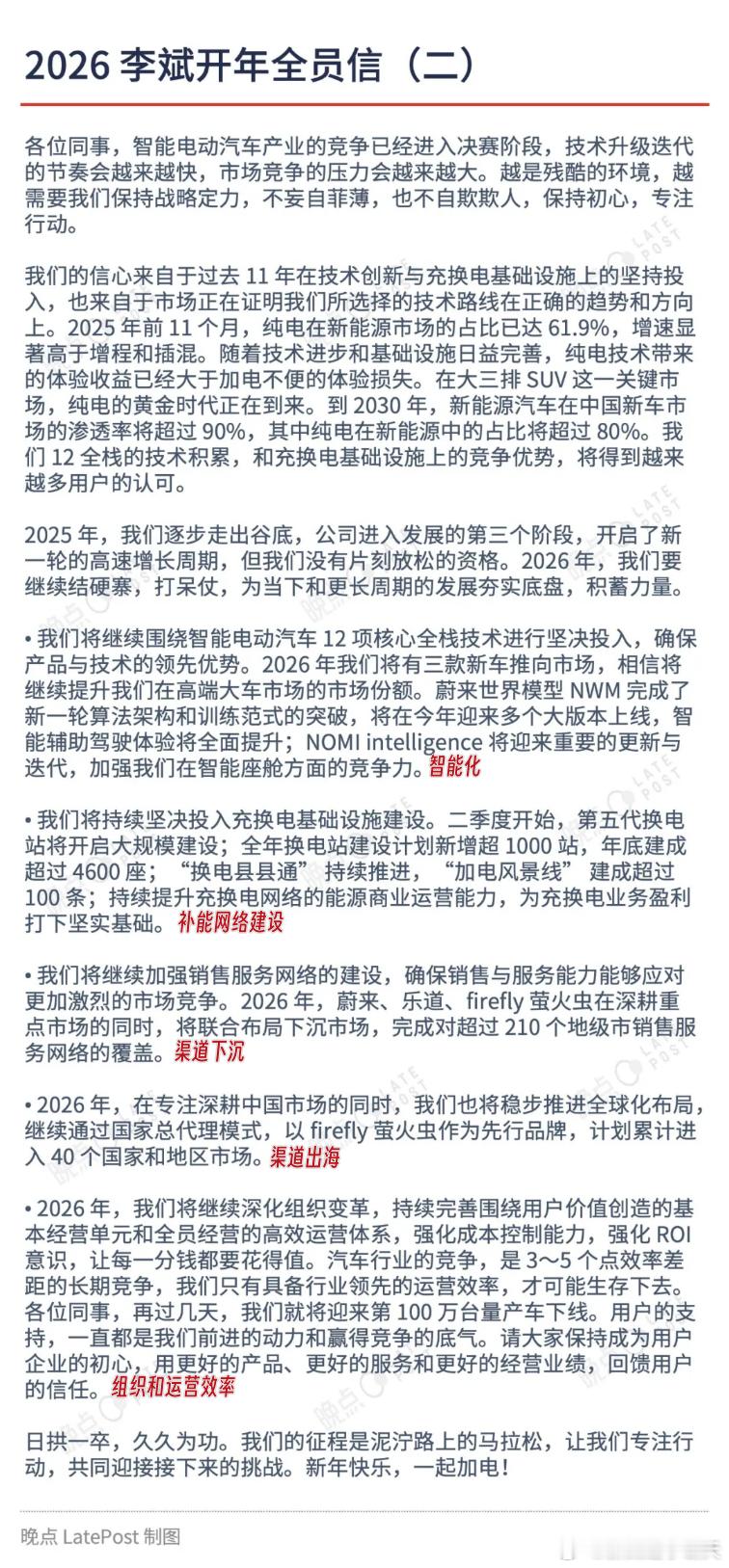 斌哥开年全员信：2026，蔚来的重点是什么？据《晚点》报道，斌哥在全员信中明确了