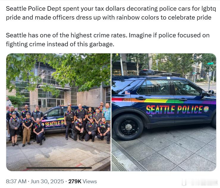 西雅图警察局用纳税人的钱装饰警车以庆祝LGBTQ骄傲节，并让警官穿上彩虹色服装来