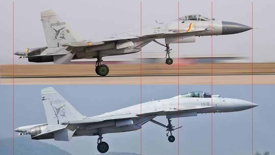 把滑跃型的J-15和弹射型的J-15T放在同一比例尺上就会发现，J-15T在设