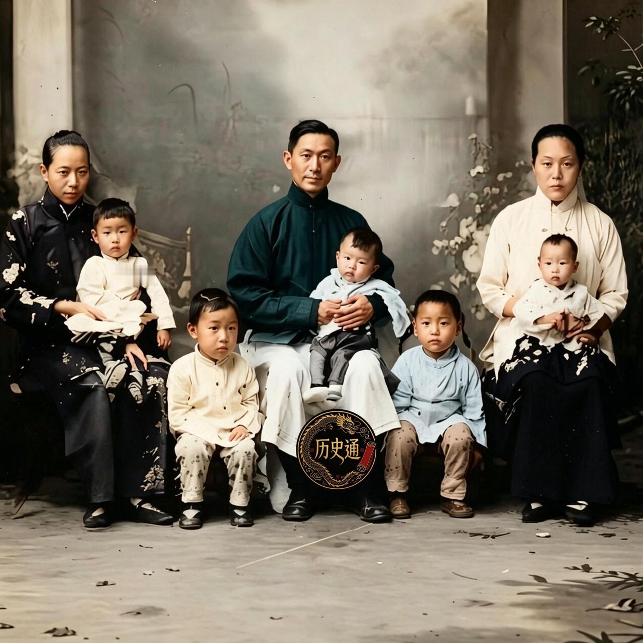 这是民国第一位享有国葬的蔡锷将军与正室刘侠贞、如夫人潘蕙英，还有五个孩子在北京棉