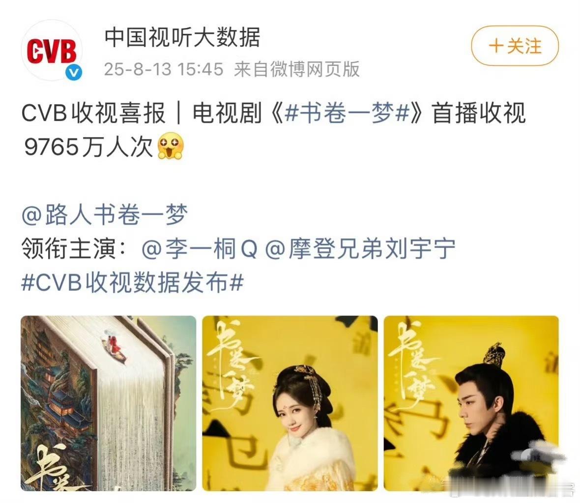 中国视听大数据权威发布书卷一梦首播收视：9765w人次刘宇宁🔥🔥🔥🔥刘宇