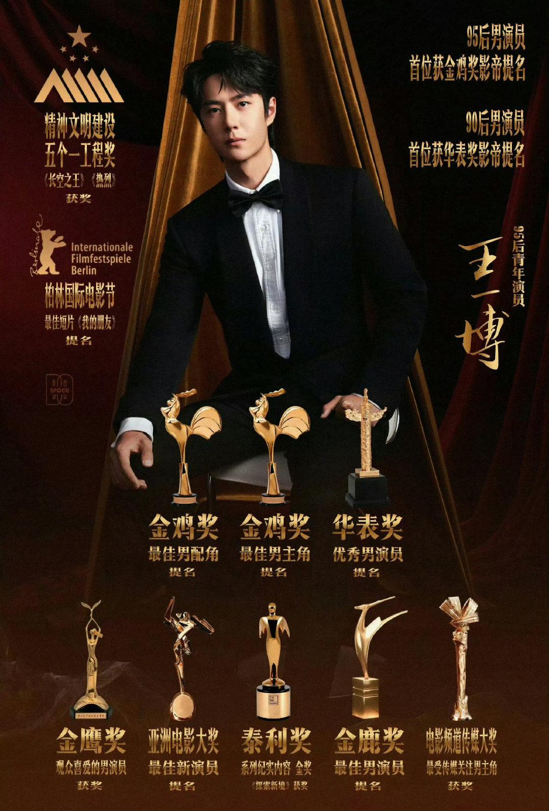 王一博的影视实绩图只收录权威的获奖🏆或提名（权威大奖的提名也有奖杯的），普通一