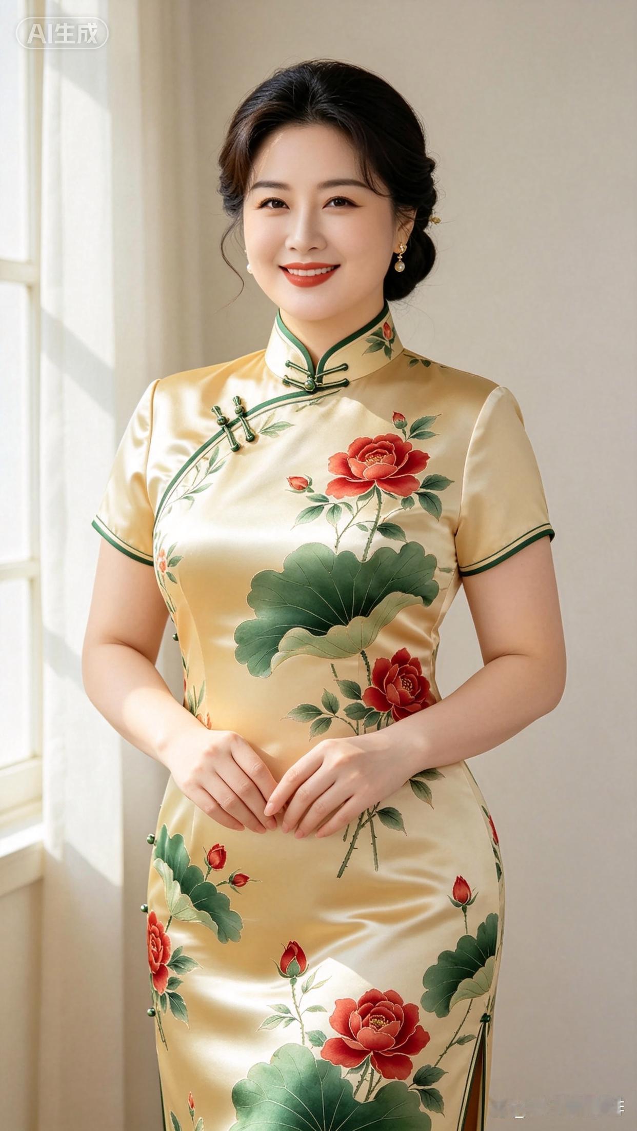 这位女士穿着漂亮的旗袍。