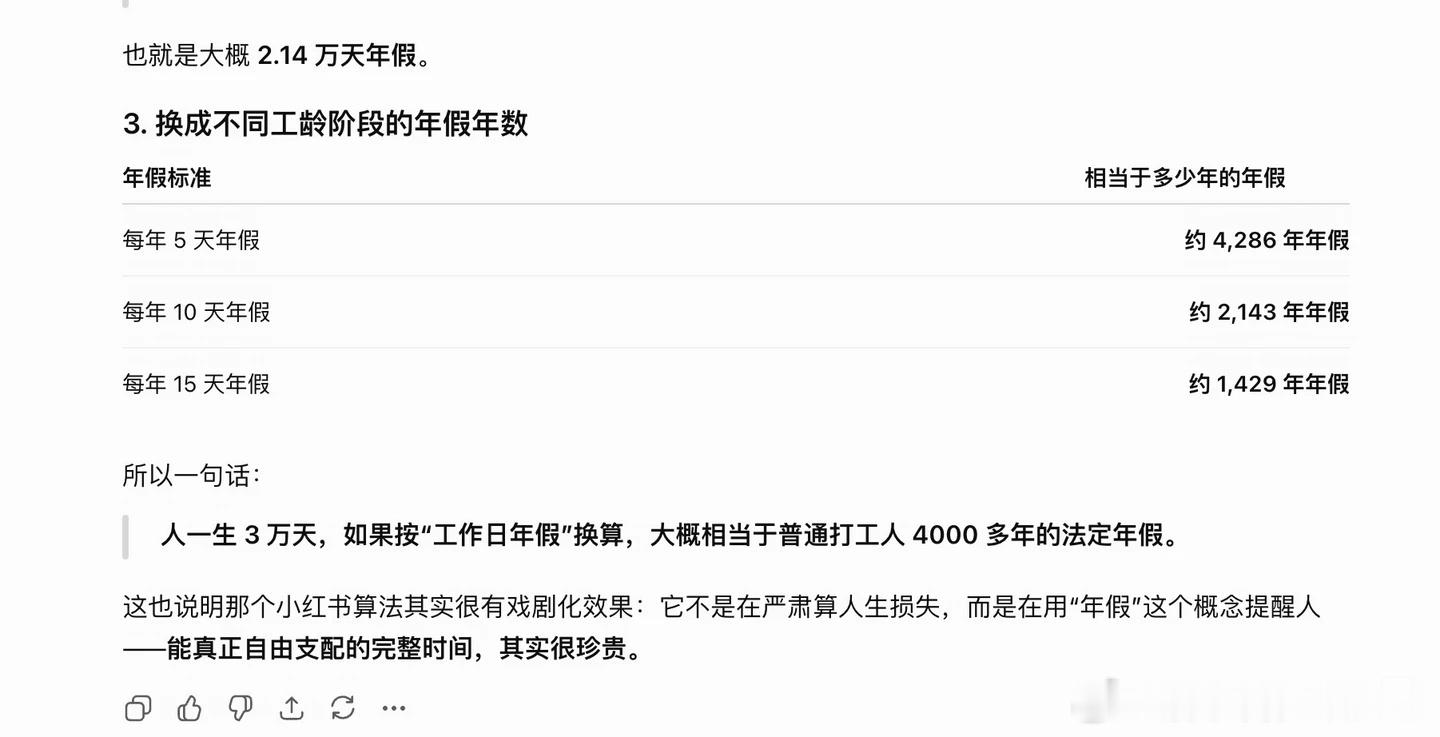 刷到一个非常有趣的计算方式帖主gap了半年按照工龄计算就已经是休了14年的年假