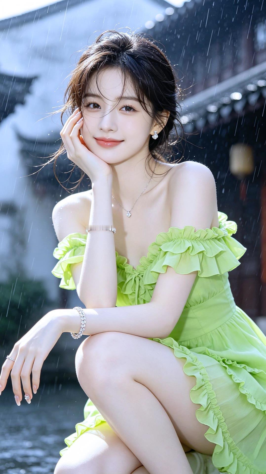 雨中少女，清新动人，绿裙飘逸，唯美如画