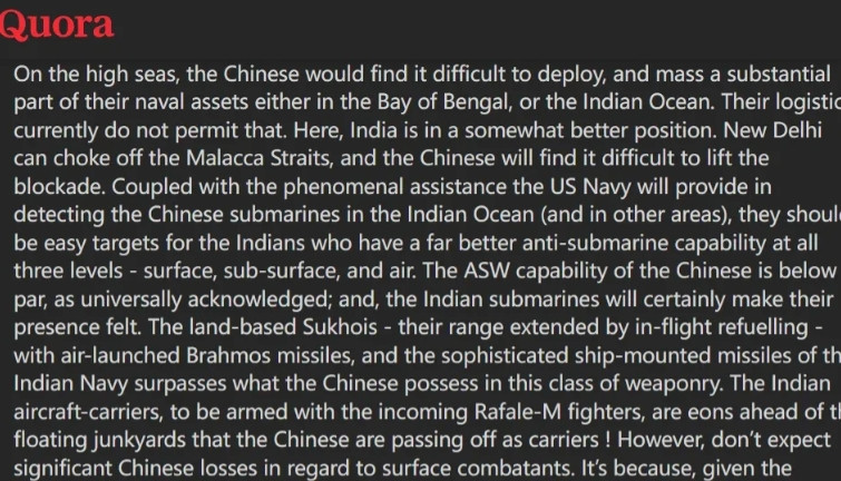 “新德里可以封锁马六甲海峡，而中国将难以解除封锁”。“中国将遭受重创。他们根本无