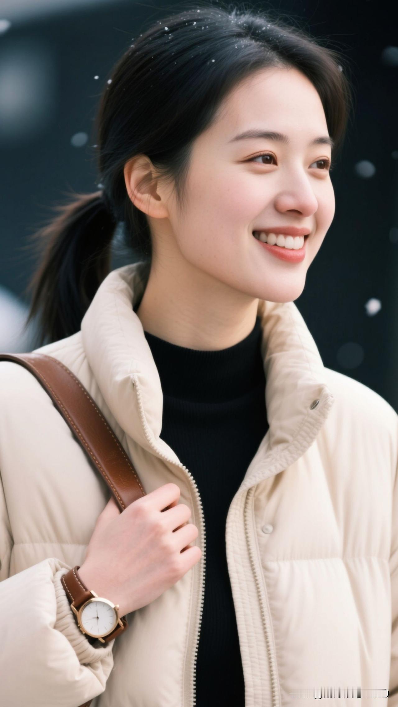 冬夜为笺，米白是晕开的奶霜，黑衫是凝住的星，腕表曳着光，一笑便盛了满室浪漫。雪夜