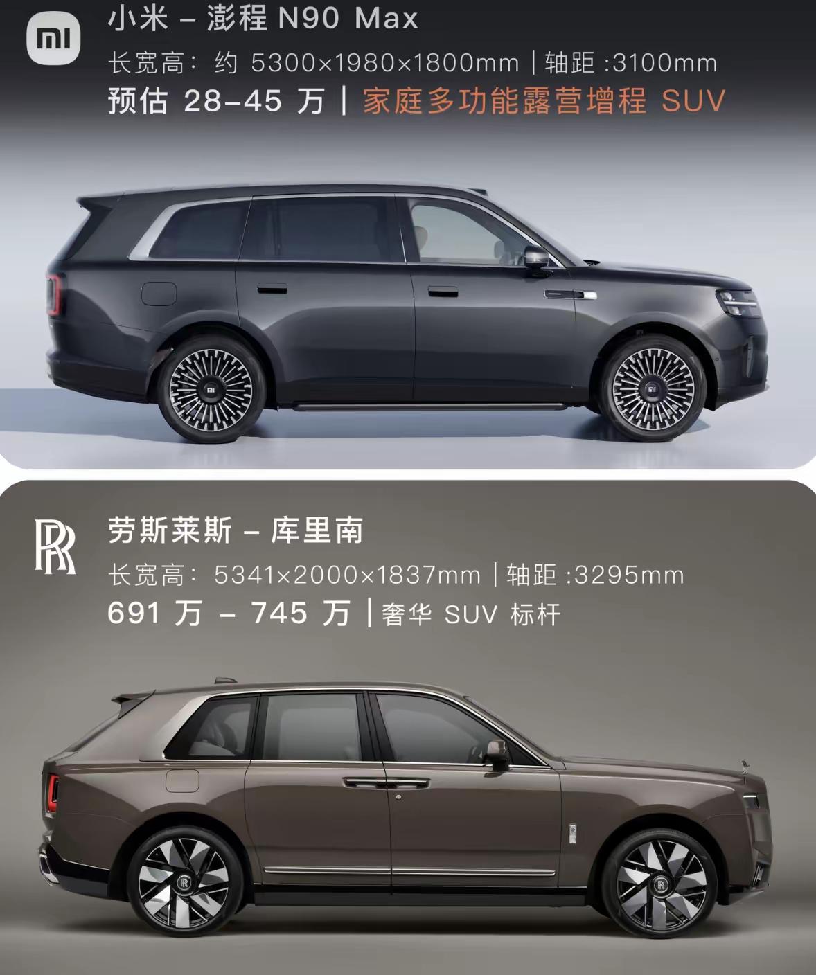 实在没想到，小米澎程N90Max一亮相，立刻被拿来对标库里南，车身轮廓、D柱设