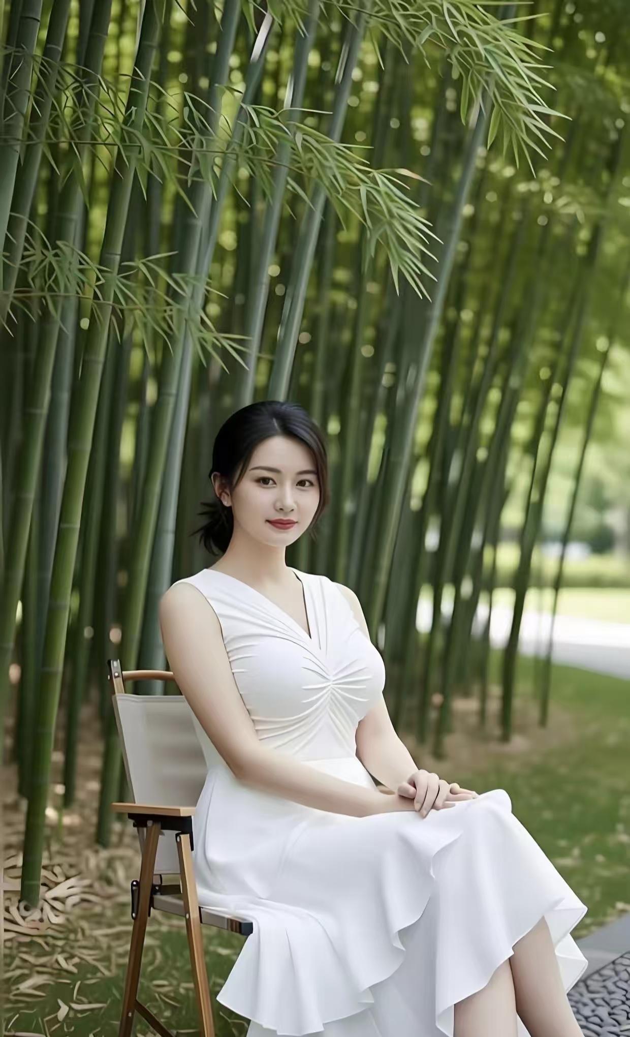 水仙子·竹影素裙竹阴翠影漾清光，素袂裁云束柳郎。V襟巧褶腰姿朗，荷裙随风