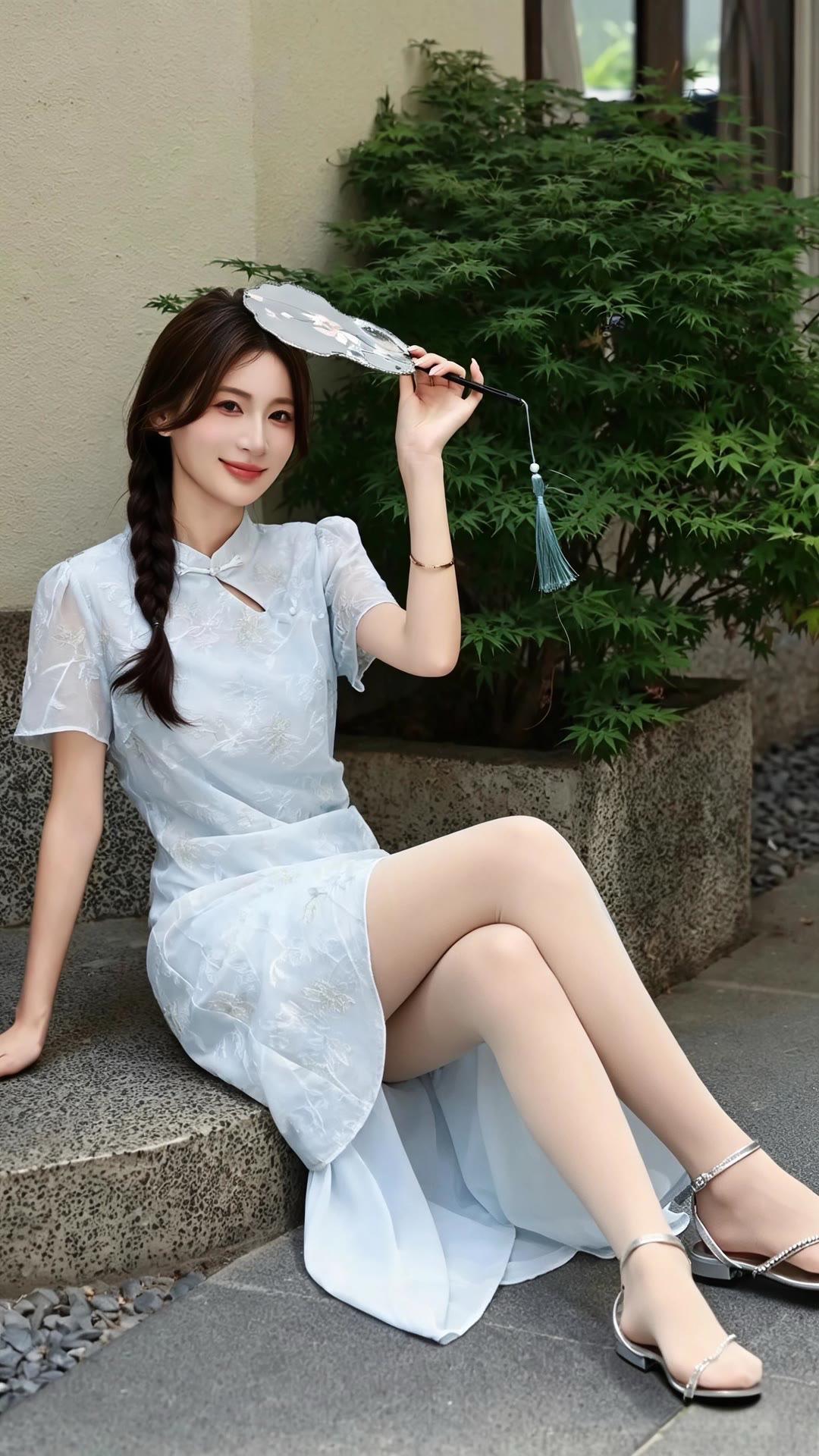 白色仙女长裙连衣裙浅蓝色旗袍裙白色旗袍裙清新复古旗袍古典国风穿搭