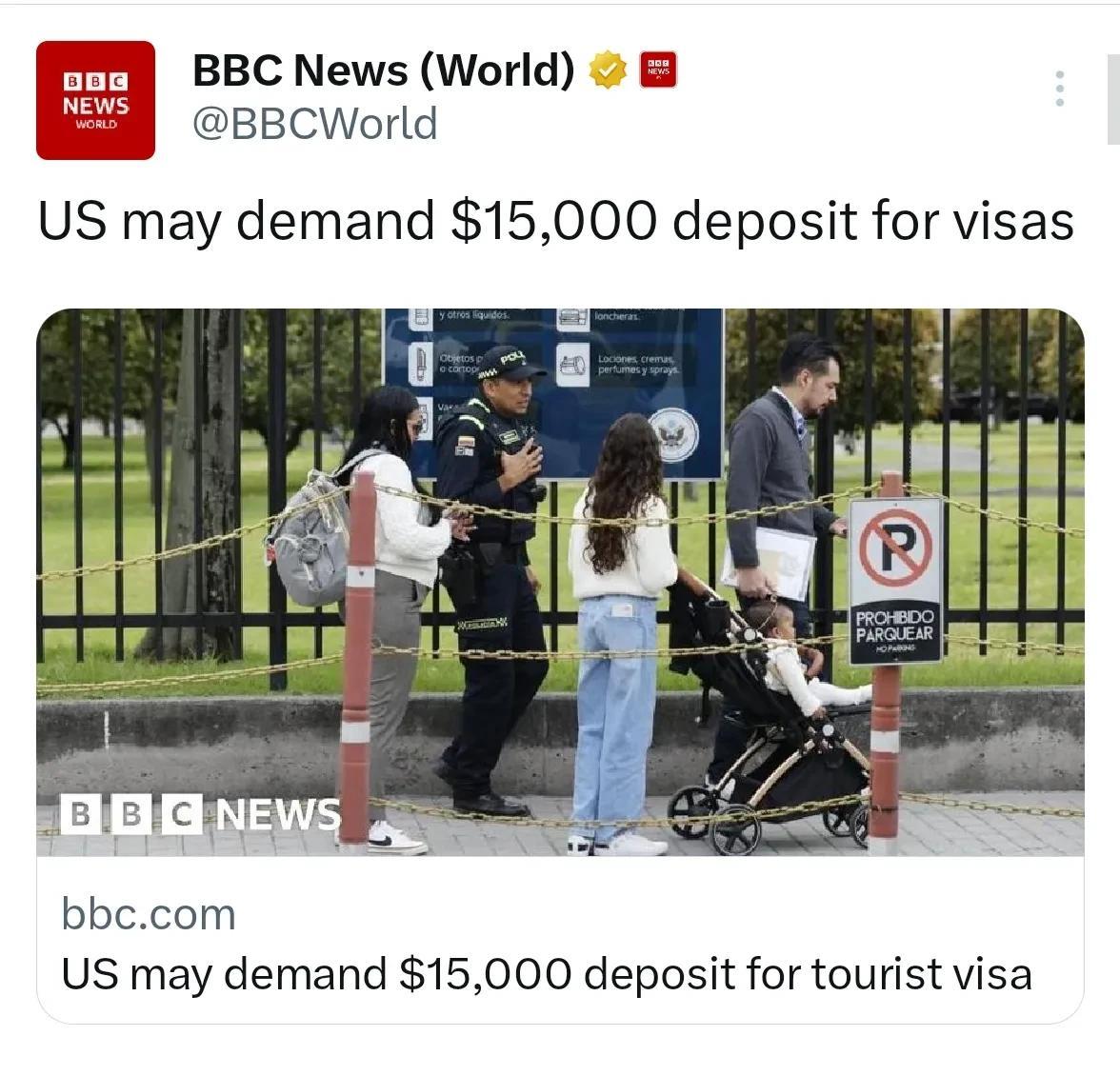最新，美国国务院正在考虑将入境签证申请加上近10w人民币的押金要求。以后去美国就