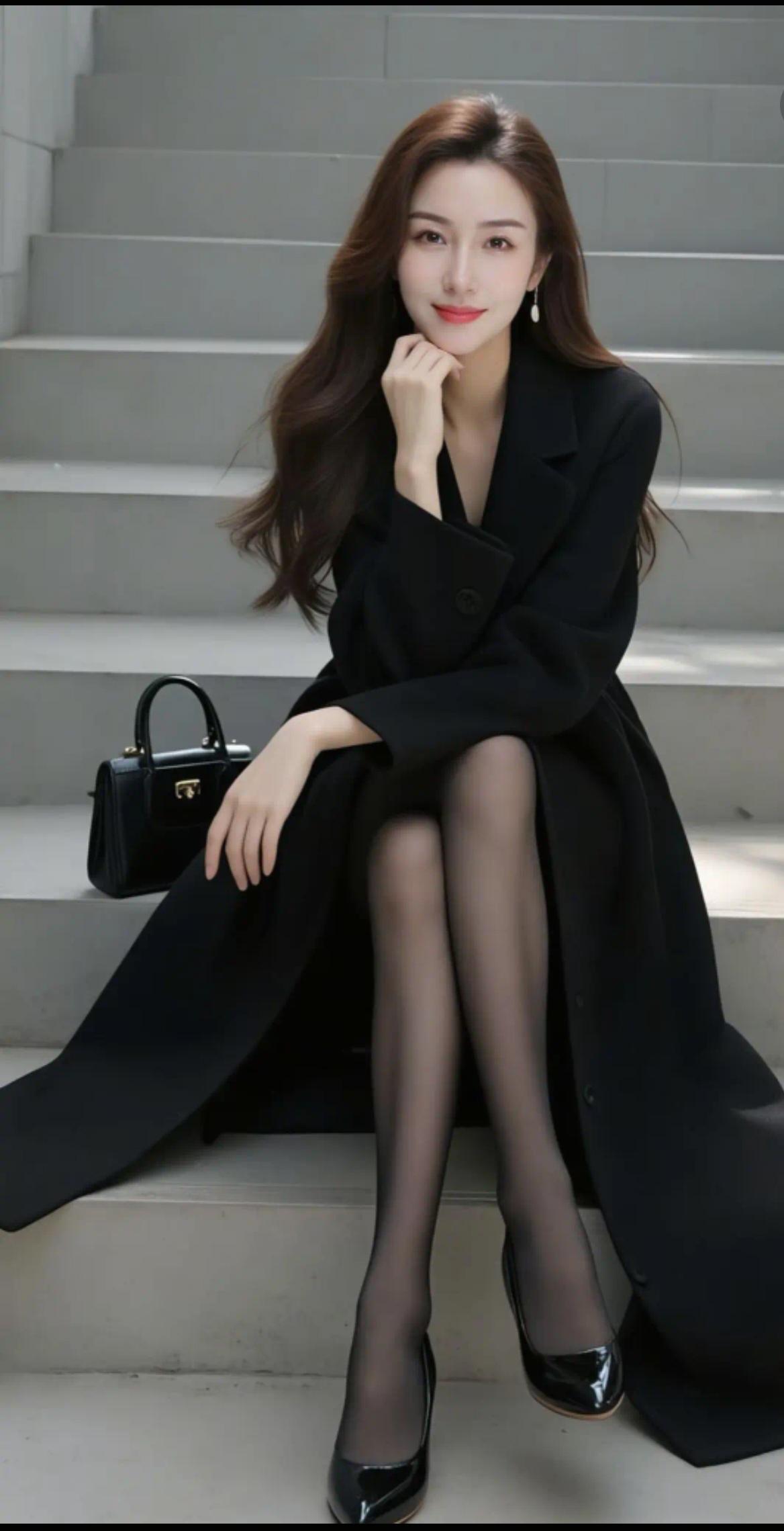 黑衣美人倚石阶，风姿绰约似画卷。