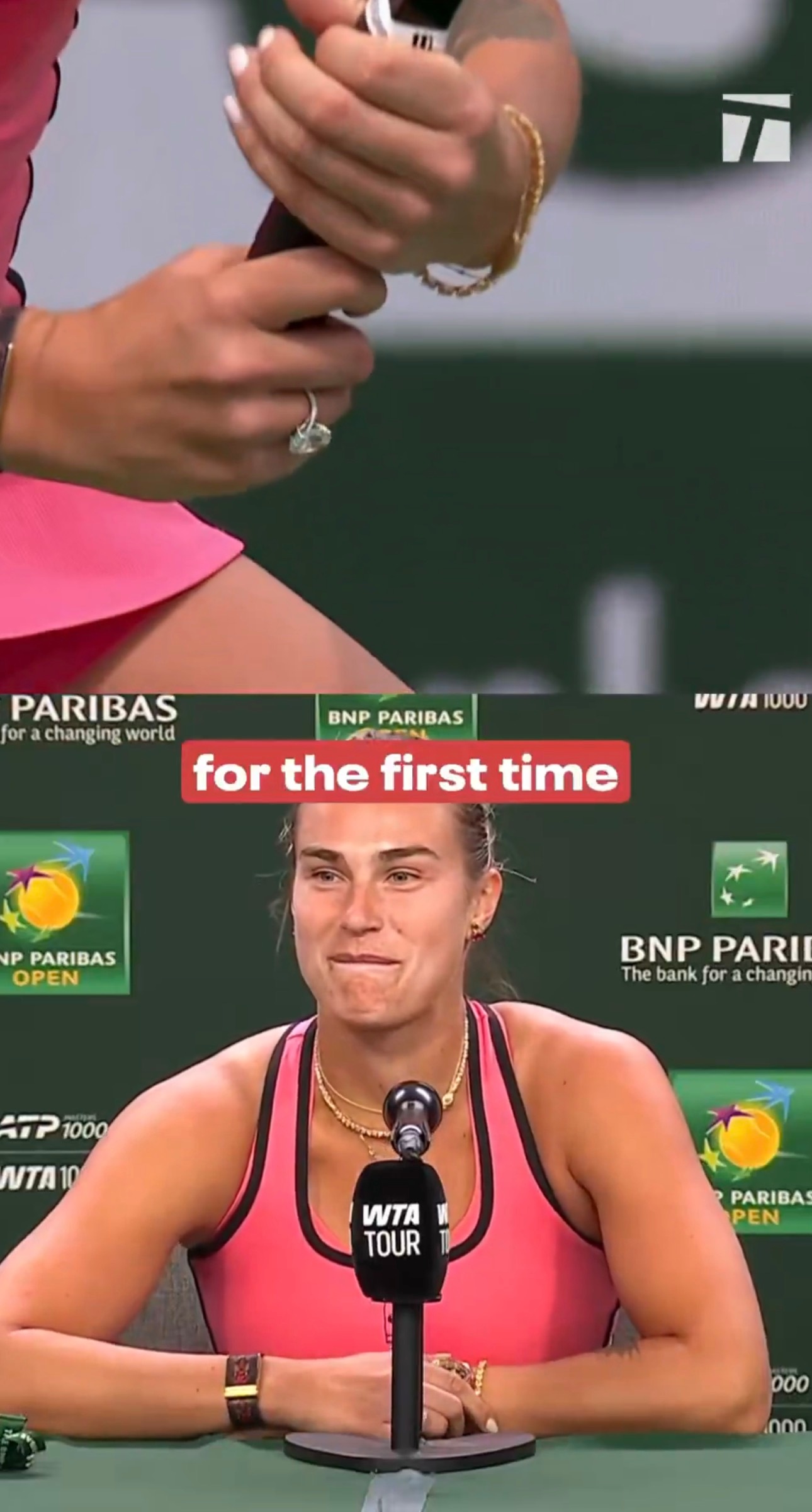 接受求婚后，萨巴伦卡还戴着这枚价值65万美金的12克拉钻戒在印第安维尔斯打比赛呢