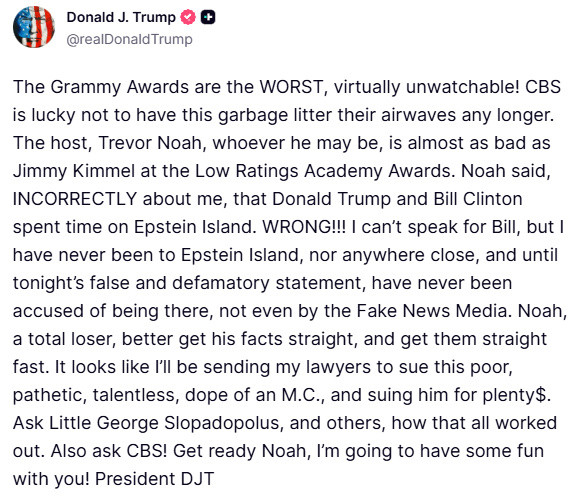 🔻特朗普发帖骂人了：“崔佛错误地声称唐纳德·特朗普和比尔·克林顿曾在爱泼斯坦岛