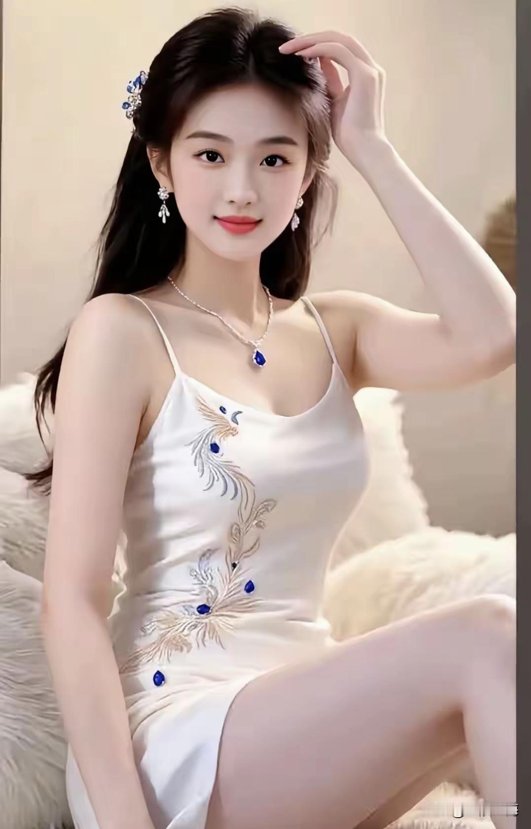 优雅白裙少女，精致发饰点缀，甜美笑容动人。