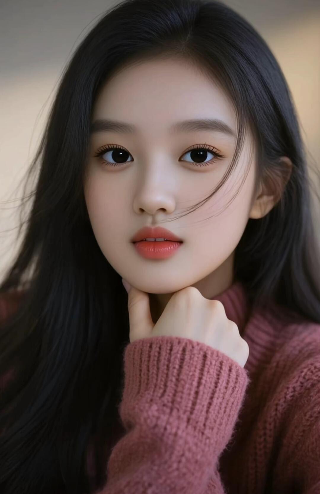 温柔甜美的少女，粉色毛衣，红唇轻启，眼神动人。