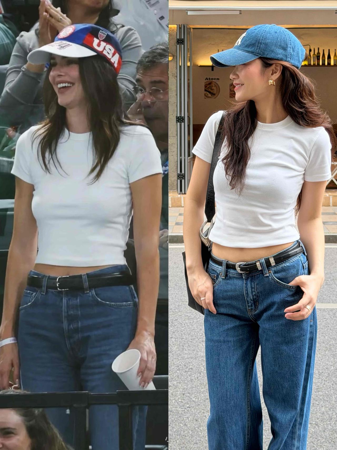 夏季白T恤怎么穿时髦不路人？试试这种短款修身白T,搭配高腰阔腿牛仔裤，秒变美式