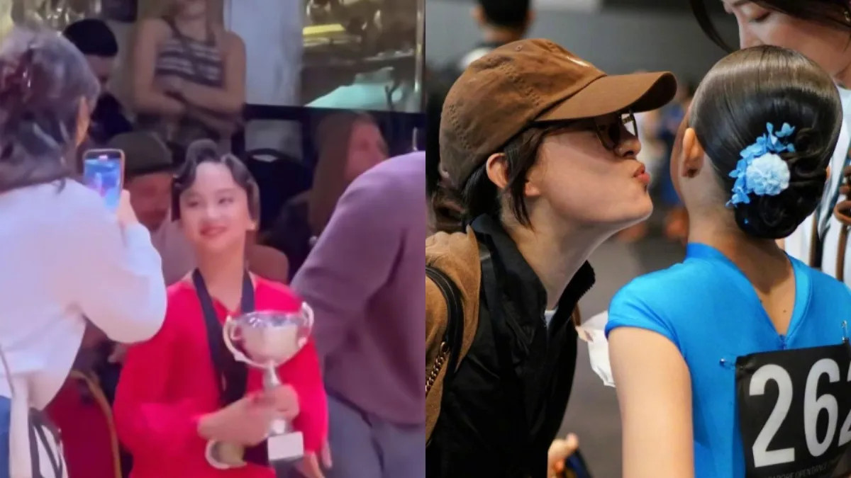 孙俪陪女儿英国参赛,11岁小花夺冠被老师亲吻脸颊