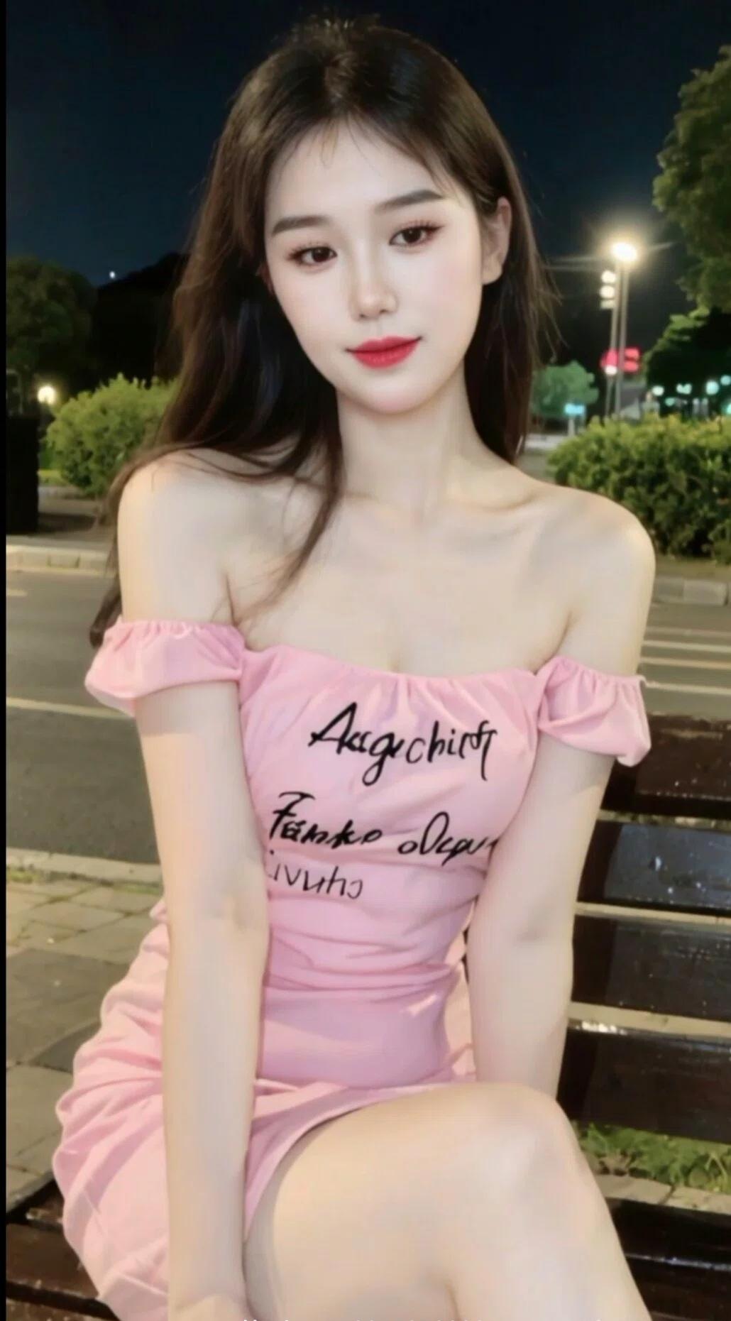 夜晚的街灯下，粉裙少女坐长椅，甜美动人。