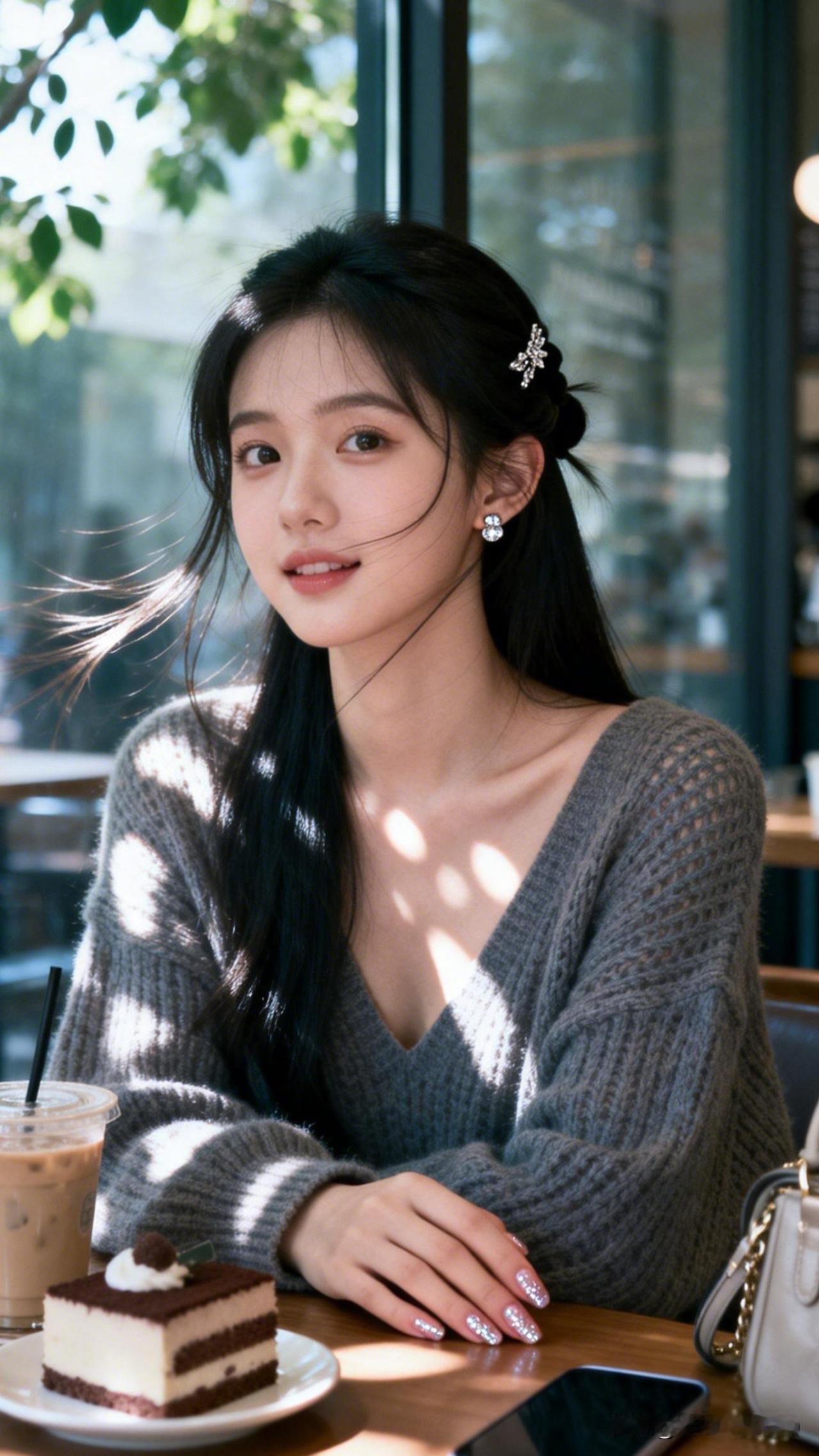 阳光洒进咖啡馆，甜美女孩享受悠闲时光🌞🍰📸善于微笑的女人，到底有多美丽