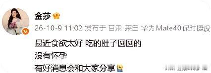 金莎回应怀孕传闻，她说自己只是食欲太好，吃得肚子圆圆的。没有怀孕，有好消息会和大家分享。金莎也备孕了