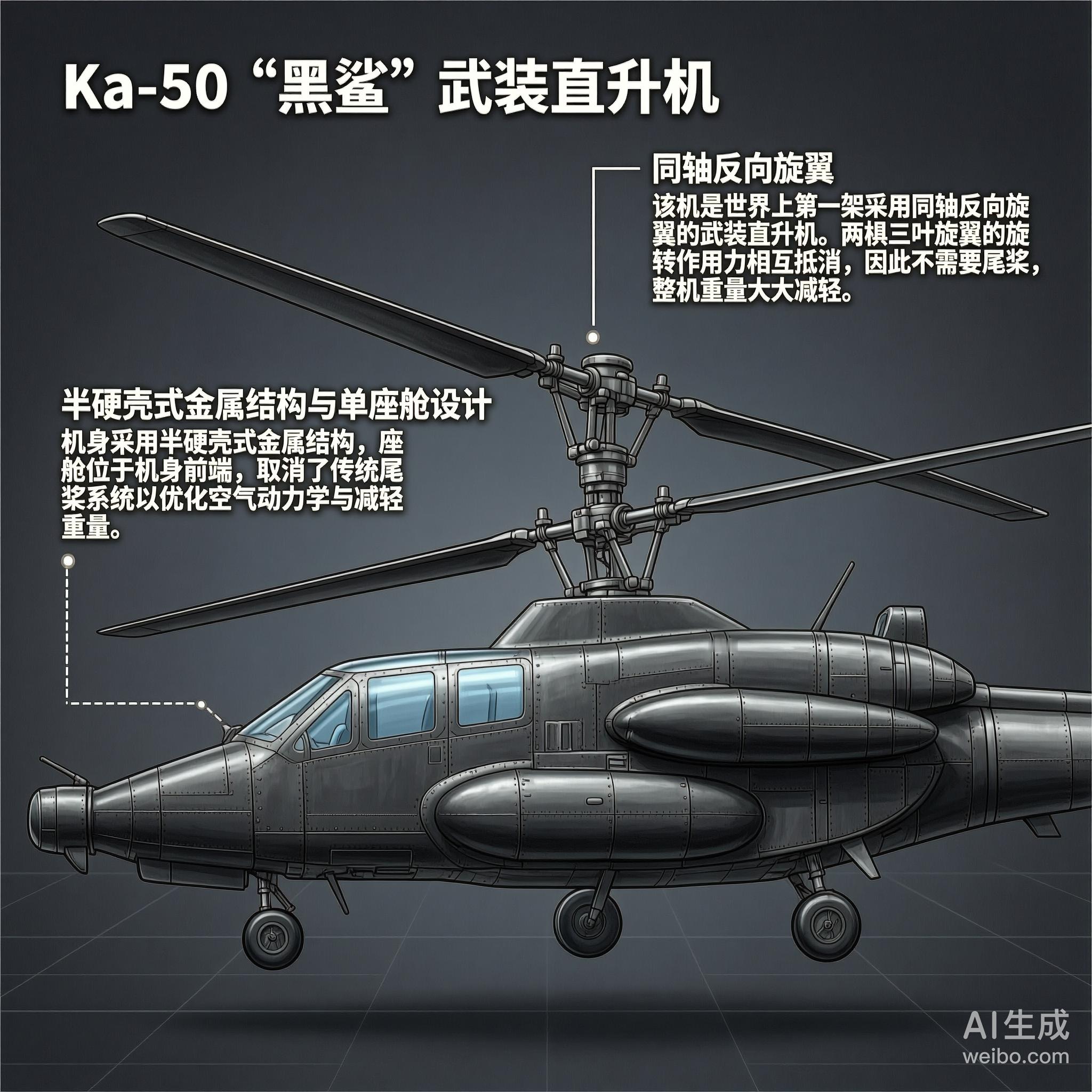 军事ai新视野俄罗斯Ka-50“黑鲨”武装直升机Ka-50“黑鲨”是卡莫夫设计