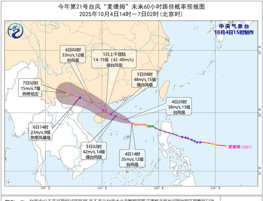 台风“麦德姆”巅峰强度上调至15级，5日上午登陆或擦过海南文昌！今天(4日)下午