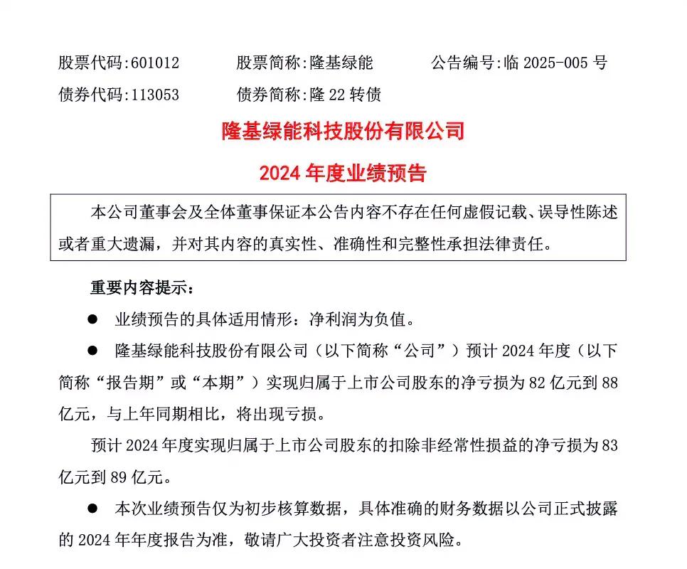 隆基绿能发布公告：预计2024年度净亏损82亿元至88亿元！………………………