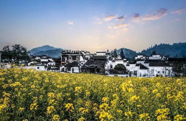 烟花三月进徽村，唯见碧水映红花。