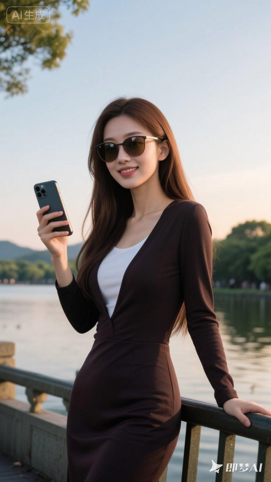 这位美女在湖边拍照呢。