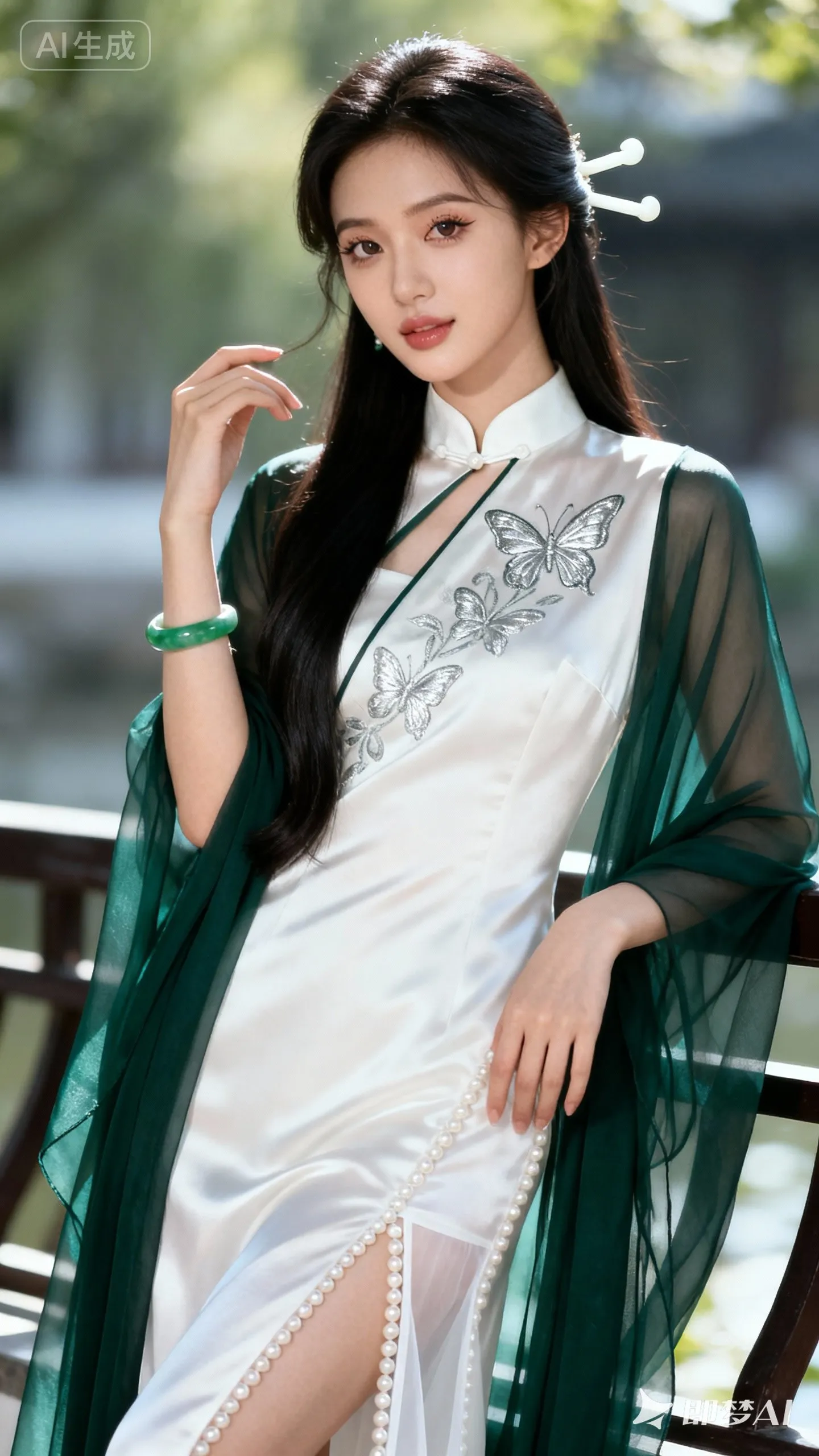 优雅古风少女，白衣青纱，蝴蝶翩翩，韵味十足。