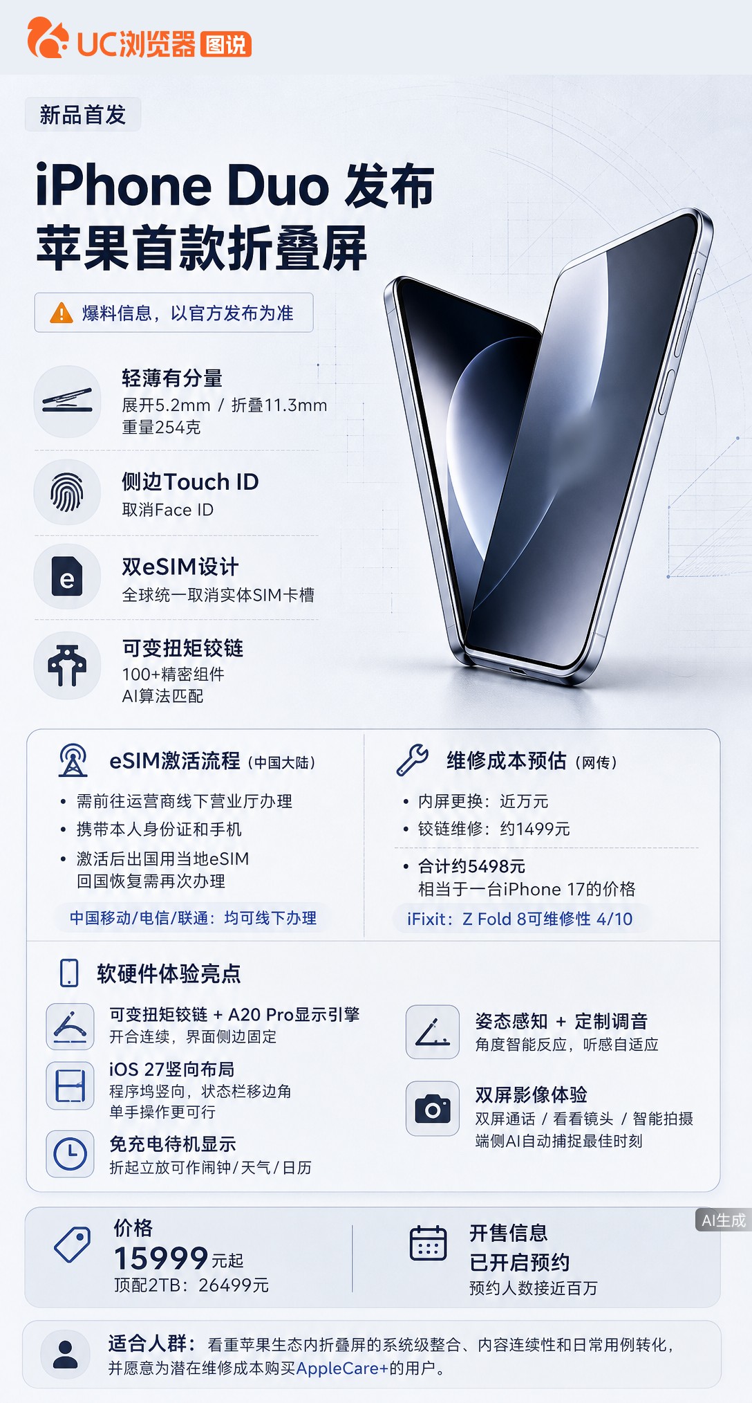 苹果首款折叠屏iPhoneDuo卖15999元起，却比竞品重、取消FaceID，eSIM还得跑营业厅